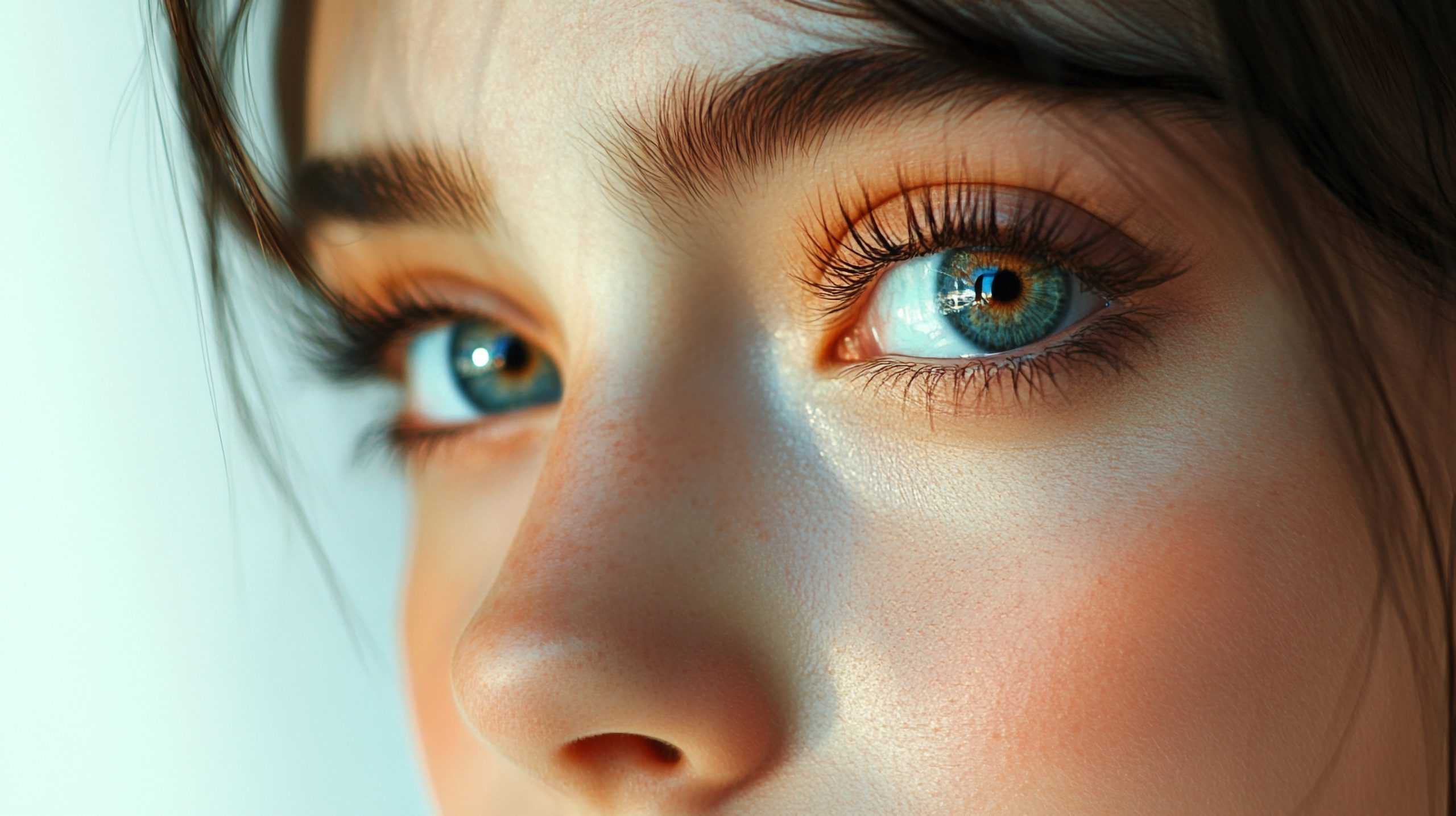 captivating close up showcasing striking eyes, enhanced lashes, and gentle blush. the light caresses soft skin, highlighting features.