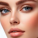 close up portrait of a woman's eye with perfect makeup and long eyelashes.