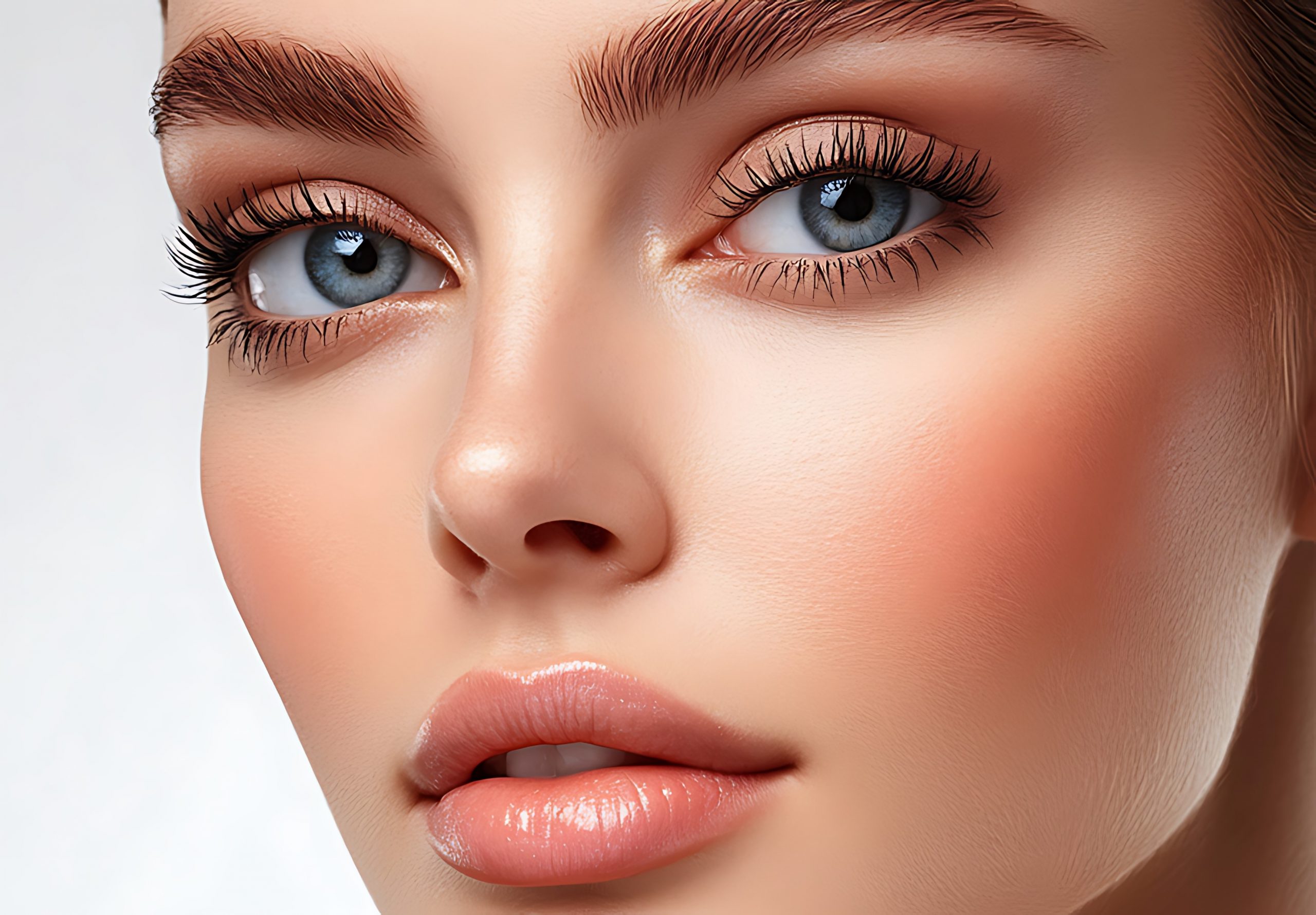 close up portrait of a woman's eye with perfect makeup and long eyelashes.